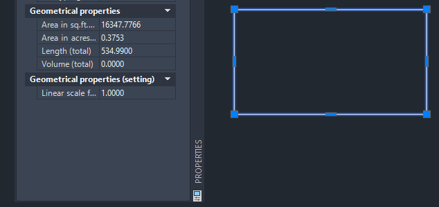 AutoCAD Properties showing area in acres