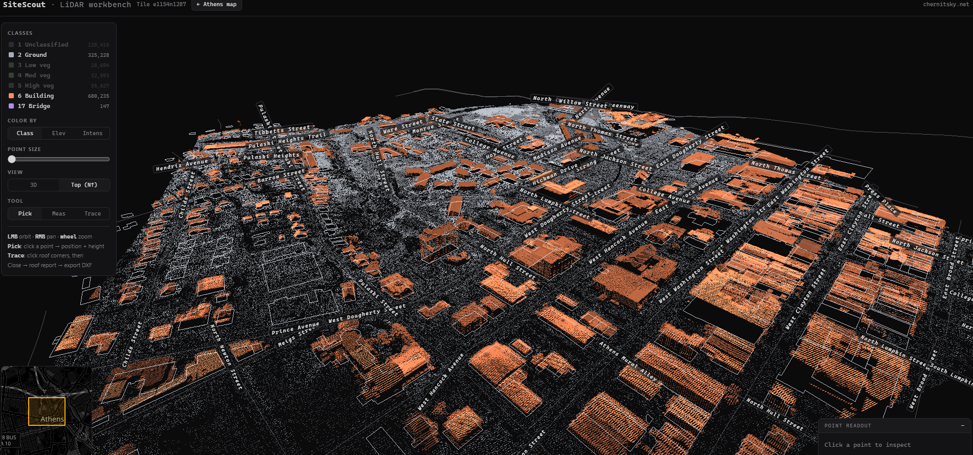SiteScout — classified point cloud with building outlines and street labels over Athens